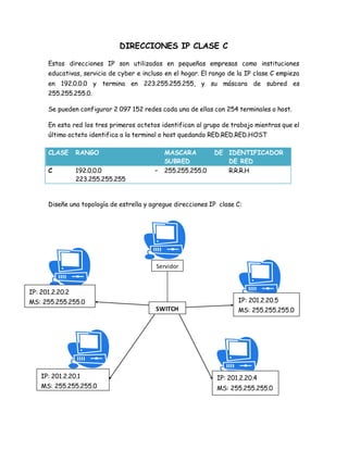 DIRECCIONES IP CLASE C 
Estas direcciones IP son utilizadas en pequeñas empresas como instituciones 
educativas, servicio de cyber e incluso en el hogar. El rango de la IP clase C empieza 
en 192.0.0.0 y termina en 223.255.255.255, y su máscara de subred es 
255.255.255.0. 
Se pueden configurar 2 097 152 redes cada una de ellas con 254 terminales o host. 
En esta red los tres primeros octetos identifican al grupo de trabajo mientras que el 
último octeto identifica a la terminal o host quedando RED.RED.RED.HOST 
CLASE RANGO MASCARA DE 
SUBRED 
IDENTIFICADOR 
DE RED 
C 192.0.0.0 – 
223.255.255.255 
255.255.255.0 R.R.R.H 
Diseñe una topología de estrella y agregue direcciones IP clase C: 
Servidor 
SWITCH 
IP: 201.2.20.2 
MS: 255.255.255.0 
IP: 201.2.20.5 
MS: 255.255.255.0 
IP: 201.2.20.4 
MS: 255.255.255.0 
IP: 201.2.20.1 
MS: 255.255.255.0 
 