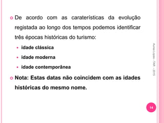  De acordo com as caraterísticas da evolução
registada ao longo dos tempos podemos identificar
três épocas históricas do turismo:
 idade clássica
 idade moderna
 idade contemporânea
 Nota: Estas datas não coincidem com as idades
históricas do mesmo nome.
14
Aurea
Lopes
-
TAR
-
2015
 