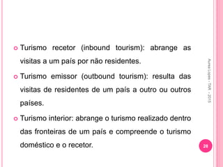 Turismo recetor (inbound tourism): abrange as
visitas a um país por não residentes.
 Turismo emissor (outbound tourism): resulta das
visitas de residentes de um país a outro ou outros
países.
 Turismo interior: abrange o turismo realizado dentro
das fronteiras de um país e compreende o turismo
doméstico e o recetor. 28
Aurea
Lopes
-
TAR
-
2015
 
