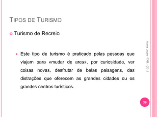 TIPOS DE TURISMO
 Turismo de Recreio
 Este tipo de turismo é praticado pelas pessoas que
viajam para «mudar de ares», por curiosidade, ver
coisas novas, desfrutar de belas paisagens, das
distrações que oferecem as grandes cidades ou os
grandes centros turísticos.
39
Aurea
Lopes
-
TAR
-
2015
 