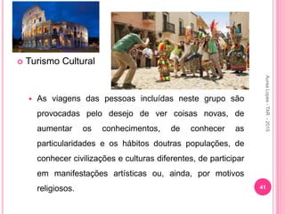  Turismo Cultural
 As viagens das pessoas incluídas neste grupo são
provocadas pelo desejo de ver coisas novas, de
aumentar os conhecimentos, de conhecer as
particularidades e os hábitos doutras populações, de
conhecer civilizações e culturas diferentes, de participar
em manifestações artísticas ou, ainda, por motivos
religiosos. 41
Aurea
Lopes
-
TAR
-
2015
 