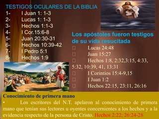 TESTIGOS OCULARES DE LA BIBLIA
1- I Juan 1: 1-3
2- Lucas 1: 1-3
3- Hechos 1:1-3
4- I Cor.15:6-8
5- Juan 20:30-31
6- Hechos 10:39-42
7- I Pedro 5:1
8- Hechos 1:9
Los apóstoles fueron testigos
de su vida resucitada
Lucas 24:48
Juan 15:27
Hechos 1:8, 2:32,3:15, 4:33,
5:32, 10:39, 41, 13:31
I Corintios 15:4-9,15
I Juan 1:2
Hechos 22:15, 23:11, 26:16
Conocimiento de primera mano
• Los escritores del N.T. apelaron al conocimiento de primera
mano que tenían sus lectores u oyentes concernientes a los hechos y a la
evidencia respecto de la persona de Cristo. Hechos 2:22; 26:24-28
 
