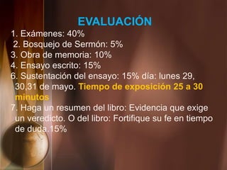 EVALUACIÓN
1. Exámenes: 40%
2. Bosquejo de Sermón: 5%
3. Obra de memoria: 10%
4. Ensayo escrito: 15%
6. Sustentación del ensayo: 15% día: lunes 29,
30,31 de mayo. Tiempo de exposición 25 a 30
minutos
7. Haga un resumen del libro: Evidencia que exige
un veredicto. O del libro: Fortifique su fe en tiempo
de duda.15%
 