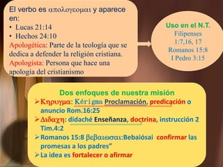 Uso en el N.T.
Filipenses
1:7,16, 17
Romanos 15:8
I Pedro 3:15
Dos enfoques de nuestra misión
Khrugma: Kérigma Proclamación, predicación o
anuncio Rom.16:25
Didach: didaché Enseñanza, doctrina, instrucción 2
Tim.4:2
Romanos 15:8 bebaiwsai:Bebaiósai confirmar las
promesas a los padres”
La idea es fortalecer o afirmar
El verbo es apologeomai y aparece
en:
• Lucas 21:14
• Hechos 24:10
Apologética: Parte de la teología que se
dedica a defender la religión cristiana.
Apologísta: Persona que hace una
apología del cristianismo
 