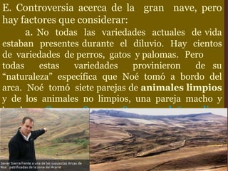 E. Controversia acerca de la gran nave, pero
hay factores que considerar:
a. No todas las variedades actuales de vida
estaban presentes durante el diluvio. Hay cientos
de variedades de perros, gatos y palomas. Pero
todas estas variedades provinieron de su
“naturaleza” específica que Noé tomó a bordo del
arca. Noé tomó siete parejas de animales limpios
y de los animales no limpios, una pareja macho y
hembra. Gn.7:2, 8,9 vea 8:20 en el 6:19 dice:
…dos de cada especie…”
 