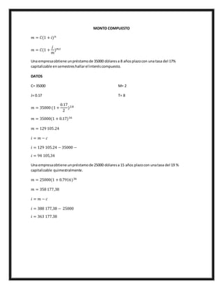 MONTO COMPUESTO
𝑚 = 𝐶(1 + 𝑖) 𝑛
𝑚 = 𝐶(1 +
𝑗
𝑚
) 𝑚.𝑡
Una empresaobtiene unpréstamode 35000 dólaresa 8 añosplazocon una tasa del 17%
capitalizable ensemestreshallarel interéscompuesto.
DATOS
C= 35000
J= 0.17
M= 2
T= 8
𝑚 = 35000 (1 +
0.17
2
)2.8
𝑚 = 35000(1 + 0.17)16
𝑚 = 129 105.24
𝑖 = 𝑚 − 𝑐
𝑖 = 129 105.24 − 35000 −
𝑖 = 94 105,34
Una empresaobtiene unpréstamode 25000 dólaresa 15 años plazocon unatasa del 19 %
capitalizable quimestralmente.
𝑚 = 25000(1 + 0.7916)36
𝑚 = 358 177,38
𝑖 = 𝑚 − 𝑐
𝑖 = 388 177,38 − 25000
𝑖 = 363 177.38
 