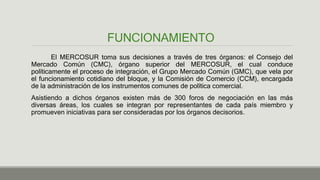 FUNCIONAMIENTO
El MERCOSUR toma sus decisiones a través de tres órganos: el Consejo del
Mercado Común (CMC), órgano superior del MERCOSUR, el cual conduce
políticamente el proceso de integración, el Grupo Mercado Común (GMC), que vela por
el funcionamiento cotidiano del bloque, y la Comisión de Comercio (CCM), encargada
de la administración de los instrumentos comunes de política comercial.
Asistiendo a dichos órganos existen más de 300 foros de negociación en las más
diversas áreas, los cuales se integran por representantes de cada país miembro y
promueven iniciativas para ser consideradas por los órganos decisorios.
 