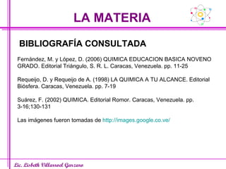 LA MATERIA Lic. Lisbeth Villarroel Garzaro BIBLIOGRAFÍA CONSULTADA Fernández, M. y López, D. (2006) QUIMICA EDUCACION BASICA NOVENO GRADO. Editorial Triángulo, S. R. L. Caracas, Venezuela. pp. 11-25 Requeijo, D. y Requeijo de A. (1998) LA QUIMICA A TU ALCANCE. Editorial Biósfera. Caracas, Venezuela. pp. 7-19 Suárez, F. (2002) QUIMICA. Editorial Romor. Caracas, Venezuela. pp. 3-16;130-131 Las imágenes fueron tomadas de  http :// images.google.co.ve / 
