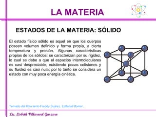 LA MATERIA Lic. Lisbeth Villarroel Garzaro ESTADOS DE LA MATERIA: SÓLIDO El estado físico sólido es aquel en que los cuerpos poseen volumen definido y forma propia, a cierta temperatura y presión. Algunas características propias de los sólidos: se caracterizan por su rigidez, lo cual se debe a que el espacios intermoleculares es casi despreciable, existiendo pocas colisiones y su fluidez es casi nula; por lo tanto se considera un estado con muy poca energía cinética. Tomado del libro texto Freddy Suárez. Editorial Romor . 