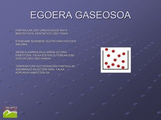 EGOERA GASEOSOA
PARTIKULAK OSO URRUN DAUDE BATA
BESTEETATIK. DENTSITATE OSO TXIKIA

ETENGABE NORABIDE GUZTIETARA HIGITZEN
ARI DIRA

INDAR ELKARMOLEKULARRAK EZ DIRA
EXISTITZEN, TALKA EGITEN DUTENEAN IZAN
EZIK.DIFUSIO OSO HANDIA

TENPERATURA IGOTZERAKOAN PARTIKULAK
AZKARRAGO MUGITZEN DIRA, TALKA
KOPURUA HANDITZEN DA.
 