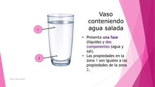 Rosario Ybarra Miranda
1
2
Vaso
conteniendo
agua salada
• Presenta una fase
(líquida) y dos
componentes (agua y
sal).
• Las propiedades en la
zona 1 son iguales a las
propiedades de la zona
2.
 