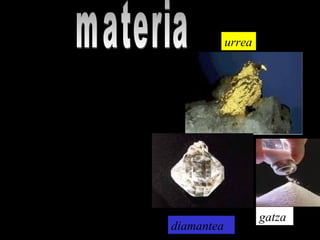 Unibertsoko gurputz guztia
materiaz eginda daude.
Adb:Eguzkia, itsasoa,airea,
harriak, landareak eta guk
egin ditugun objetuak.
Materia atomoz osatuta
dago,ehun atomo mota
daude,gutxi gorabera,eta
haiek dira ezagutzen
ditugun subtantzia guztien
jatorria.
urrea
gatza
diamantea
 