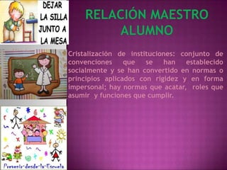 Cristalización de instituciones: conjunto de
convenciones     que   se   han   establecido
socialmente y se han convertido en normas o
principios aplicados con rigidez y en forma
impersonal; hay normas que acatar, roles que
asumir y funciones que cumplir.
 