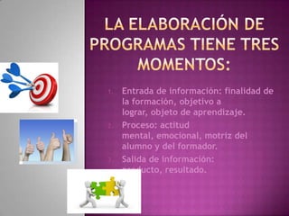 1.   Entrada de información: finalidad de
     la formación, objetivo a
     lograr, objeto de aprendizaje.
2.   Proceso: actitud
     mental, emocional, motriz del
     alumno y del formador.
3.   Salida de información:
     producto, resultado.
 