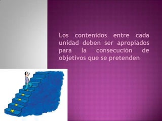 Los contenidos entre cada
unidad deben ser apropiados
para   la   consecución    de
objetivos que se pretenden
 