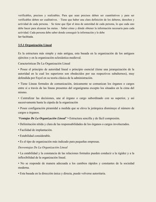 verificables, precisos y realizables. Para que sean precisos deben ser cuantitativos y para ser
verificables deben ser cualitativos. · Tiene que haber una clara definición de los deberes, derechos y
actividad de cada persona. · Se tiene que fijar el área de autoridad de cada persona, lo que cada uno
debe hacer para alcanzar las metas. · Saber cómo y dónde obtener la información necesaria para cada
actividad. Cada persona debe saber donde conseguir la información y le debe
Ser facilitada.

3.5.1 Organización Lineal

Es la estructura más simple y más antigua, esta basada en la organización de los antiguos
ejércitos y en la organización eclesiástica medieval.
Características De La Organización Lineal
• Posee el principio de autoridad lineal o principio esencial (tiene una jerarquización de la
autoridad en la cual los superiores son obedecidos por sus respectivos subalternos), muy
defendida por Fayol en su teoría clásica de la administración.
• Tiene Líneas formales de comunicación, únicamente se comunican los órganos o cargos
entre sí a través de las líneas presentes del organigrama excepto los situados en la cima del
mismo.
• Centralizar las decisiones, une al órgano o cargo subordinado con su superior, y así
sucesivamente hasta la cúpula de la organización
• Posee configuración piramidal a medida que se eleva la jerárquica disminuye el número de
cargos u órganos.
‘Ventajas De La Organización Lineal‟„• Estructura sencilla y de fácil compresión.
• Delimitación nítida y clara de las responsabilidades de los órganos o cargos involucrados.
• Facilidad de implantación.
• Estabilidad considerable.
• Es el tipo de organización más indicado para pequeñas empresas.
Desventajas De La Organización Lineal
• La estabilidad y la constancia de las relaciones formales pueden conducir a la rigidez y a la
inflexibilidad de la organización lineal.
• No se responde de manera adecuada a los cambios rápidos y constantes de la sociedad
moderna.
• Esta basada en la dirección única y directa, puede volverse autoritaria.
 