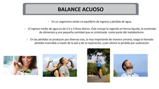 BALANCE ACUOSO
- En un organismo existe un equilibrio de ingreso y pérdida de agua.
- El ingreso medio de agua es de 2.5 a 3 litros diarios. Éste incluye la ingerida en forma líquida, la contenida
de alimentos y una pequeña cantidad que es sintetizada como parte del metabolismo.
- En las pérdidas se producen por diversas vías, la mas importante de manera urinaria, luego la llamada
pérdida insensible a través de la piel y de la respiración, y por último la perdida por sudoración
 