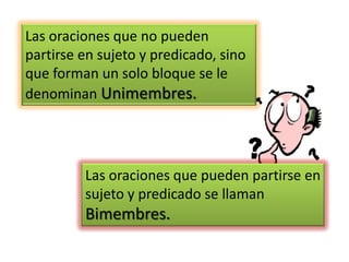 Las oraciones que no pueden
partirse en sujeto y predicado, sino
que forman un solo bloque se le
denominan Unimembres.

Las oraciones que pueden partirse en
sujeto y predicado se llaman

Bimembres.

 
