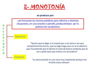 2- MONOTONÍA
se produce por:

D
E
S
P
R
E
N
D
E
N

uso frecuente las mismas palabras para referirse a distintas
situaciones, en una oración o párrafo, produciéndose por la
pobreza de vocabulario.

Queísmo
"Quiero que le digas a tu mamá que si no viene a ver que
comportamiento tienes, que no diga luego que no se lo advertí y
que no pretenda que te demos la carta de buena conducta que te
van a pedir para que entres a la secundaria”.

Cosismo
"La comunicación es una cosa muy importante porque nos
enseña cosas valiosas”.

 