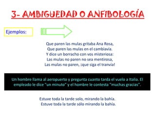 3- AMBIGUEDAD O ANFIBOLOGÍA
Ejemplos:
Que paren las mulas gritaba Ana Rosa,
Que paren las mulas en el cambiavía.
Y dice un borracho con vos misteriosa:
Las mulas no paren no sea mentirosa,
Las mulas no paren, ¡que siga el tranvía!
Un hombre llama al aeropuerto y pregunta cuanto tarda el vuelo a Italia. El
empleado le dice "un minuto" y el hombre le contesta "muchas gracias".
Estuve toda la tarde solo, mirando la bahía.
Estuve toda la tarde sólo mirando la bahía.

 