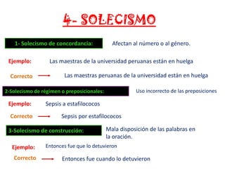 4- SOLECISMO
1- Solecismo de concordancia:
Ejemplo:
Correcto

Afectan al número o al género.

Las maestras de la universidad peruanas están en huelga
Las maestras peruanas de la universidad están en huelga
Uso incorrecto de las preposiciones

2-Solecismo de régimen o preposicionales:

Ejemplo:
Correcto

Sepsis a estafilococos
Sepsis por estafilococos

3-Solecismo de construcción:
Ejemplo:
Correcto

Mala disposición de las palabras en
la oración.

Entonces fue que lo detuvieron

Entonces fue cuando lo detuvieron

 