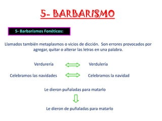 5- BARBARISMO
5- Barbarismos Fonéticos:
Llamados también metaplasmos o vicios de dicción. Son errores provocados por
agregar, quitar o alterar las letras en una palabra.
Verdurería
Celebramos las navidades

Verdulería
Celebramos la navidad

Le dieron puñaladas para matarlo

Le dieron de puñaladas para matarlo

 