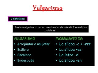 Vulgarismo
2-Fonéticos:
Son los vulgarismos que se cometen atendiendo a la forma de las
palabras.

VULGARISMO
• Arrejuntar o asujetar
• Estijera
• Bacalado
• Endespués

INCREMENTO DE:
• La sílaba -a + -rre
• La sílaba –es
• La letra –d
• La sílaba -en

 