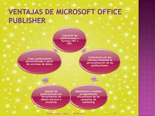 Convertir las
publicaciones a
formato PDF o
XPS.
Conectarse con los
clientes mediante la
personalización de las
publicaciones.
Administrar y realizar
el seguimiento
eficazmente de las
campañas de
marketing
Ajustar las
publicaciones con
herramientas de
diseño eficaces e
intuitivas
Crear publicaciones
personalizadas a partir
de una base de datos.
08/09/2013Sammy Moreno Duarte 17
 