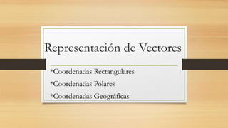 Representación de Vectores
*Coordenadas Rectangulares
*Coordenadas Polares
*Coordenadas Geográficas
 