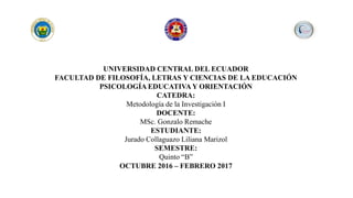 UNIVERSIDAD CENTRAL DEL ECUADOR
FACULTAD DE FILOSOFÍA, LETRAS Y CIENCIAS DE LA EDUCACIÓN
PSICOLOGÍA EDUCATIVA Y ORIENTACIÓN
CATEDRA:
Metodología de la Investigación I
DOCENTE:
MSc. Gonzalo Remache
ESTUDIANTE:
Jurado Collaguazo Liliana Marizol
SEMESTRE:
Quinto “B”
OCTUBRE 2016 – FEBRERO 2017
 
