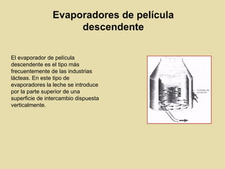 Evaporadores de película
descendente
El evaporador de película
descendente es el tipo más
frecuentemente de las industrias
lácteas. En este tipo de
evaporadores la leche se introduce
por la parte superior de una
superficie de intercambio dispuesta
verticalmente.
 