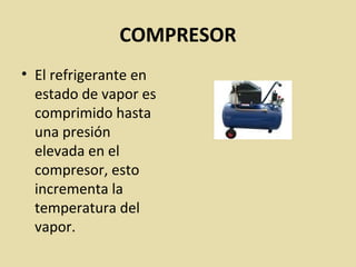 COMPRESOR
• El refrigerante en
estado de vapor es
comprimido hasta
una presión
elevada en el
compresor, esto
incrementa la
temperatura del
vapor.
 