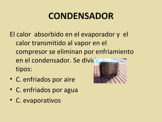 CONDENSADOR
El calor absorbido en el evaporador y el
calor transmitido al vapor en el
compresor se eliminan por enfriamiento
en el condensador. Se dividen en tres
tipos:
• C. enfriados por aire
• C. enfriados por agua
• C. evaporativos
 