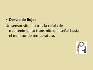 • Desvío de flujo:
Un sensor situado tras la célula de
mantenimiento transmite una señal hasta
el monitor de temperatura.
 