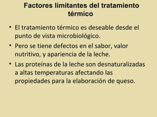 • El tratamiento térmico es deseable desde el
punto de vista microbiológico.
• Pero se tiene defectos en el sabor, valor
nutritivo, y apariencia de la leche.
• Las proteínas de la leche son desnaturalizadas
a altas temperaturas afectando las
propiedades para la elaboración de queso.
Factores limitantes del tratamiento
térmico
 