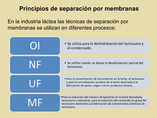 Principios de separación por membranas
En la industria láctea las técnicas de separación por
membranas se utilizan en diferentes procesos:
•Para la reducción del número de bacterias en la leche desnatada,
lactosuero y salmueras, para la reducción del contenido en grasa del
lactosuero destinado a la fabricación de concentrados proteicos de
lactosuero .
 