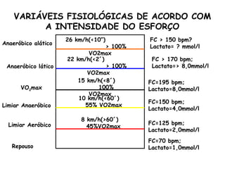 VARIÁVEIS FISIOLÓGICAS DE ACORDO COM
          A INTENSIDADE DO ESFORÇO
                     26 km/h(<10”)         FC > 150 bpm?
Anaeróbico alático
                                  > 100%   Lactato= ? mmol/l
                            VO2max
                     22 km/h(<2´)           FC > 170 bpm;
 Anaeróbico lático                > 100%    Lactato=> 8,0mmol/l
                            VO2max
                        15 km/h(<8´)       FC=195 bpm;
      VO2max                   100%        Lactato=8,0mmol/l
                            VO2max
                         10 km/h(<60´)
                                           FC=150 bpm;
Limiar Anaeróbico          55% VO2max
                                           Lactato=4,0mmol/l
                          8 km/h(>60´)
  Limiar Aeróbico                          FC=125 bpm;
                            45%VO2max
                                           Lactato=2,0mmol/l
                                           FC=70 bpm;
   Repouso                                 Lactato=1,0mmol/l
 