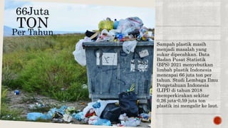 Sampah plastik masih
menjadi masalah yang
sukar dipecahkan. Data
Badan Pusat Statistik
(BPS) 2021 menyebutkan
limbah plastik Indonesia
mencapai 66 juta ton per
tahun. Studi Lembaga Ilmu
Pengetahuan Indonesia
(LIPI) di tahun 2018
memperkirakan sekitar
0,26 juta-0,59 juta ton
plastik ini mengalir ke laut.
66Juta
TON
Per Tahun
 