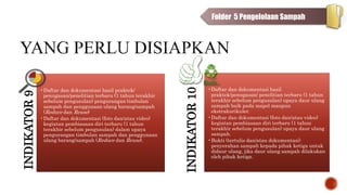•Daftar dan dokumentasi hasil praktek/
penugasan/penelitian terbaru (1 tahun terakhir
sebelum pengusulan) pengurangan timbulan
sampah dan penggunaan ulang barang/sampah
(Reduce dan Reuse)
•Daftar dan dokumentasi (foto dan/atau video)
kegiatan pembiasaan diri terbaru (1 tahun
terakhir sebelum pengusulan) dalam upaya
pengurangan timbulan sampah dan penggunaan
ulang barang/sampah (Reduce dan Reuse).
INDIKATOR
9
•Daftar dan dokumentasi hasil
praktek/penugasan/ penelitian terbaru (1 tahun
terakhir sebelum pengusulan) upaya daur ulang
sampah baik pada mapel maupun
ekstrakurikuler.
•Daftar dan dokumentasi (foto dan/atau video)
kegiatan pembiasaan diri terbaru (1 tahun
terakhir sebelum pengusulan) upaya daur ulang
sampah.
•Bukti (tertulis dan/atau dokumentasi)
penyerahan sampah kepada pihak ketiga untuk
didaur ulang, jika daur ulang sampah dilakukan
oleh pihak ketiga.
INDIKATOR
10
Folder 5 Pengelolaan Sampah
 