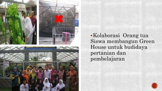 Kolaborasi Orang tua
Siswa membangun Green
House untuk budidaya
pertanian dan
pembelajaran
 