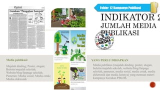 Media publikasi:
Majalah dinding; Poster, slogan;
Buletin/majalah sekolah;
Website/blog/fanpage sekolah;
Pameran; Media sosial; Media cetak;
Media elektronik
YANG PERLU DISIAPKAN
Media publikasi (majalah dinding, poster, slogan,
buletin/majalah sekolah, website/blog/fanpage
sekolah, pameran, media sosial, media cetak, media
elektronik dan media lainnya) yang memuat materi
kampanye Gerakan PBLHS.
Folder 12 Kampanye Publikasi
 