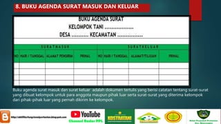 Buku agenda surat masuk dan surat keluar adalah dokumen tertulis yang berisi catatan tentang surat-surat
yang dibuat kelompok untuk para anggota maupun pihak luar serta surat-surat yang diterima kelompok
dari pihak-pihak luar yang pernah dikirim ke kelompok.
8. BUKU AGENDA SURAT MASUK DAN KELUAR
 