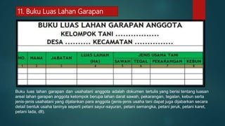 11. Buku Luas Lahan Garapan
Buku luas lahan garapan dan usahatani anggota adalah dokumen tertulis yang berisi tentang luasan
areal lahan garapan anggota kelompok berupa lahan darat sawah, pekarangan, tegalan, kebun serta
jenis-jenis usahatani yang dijalankan para anggota (jenis-jenis usaha tani dapat juga dijabarkan secara
detail bentuk usaha taninya seperti petani sayur-sayuran, petani semangka, petani jeruk, petani karet,
petani lada, dll).
 