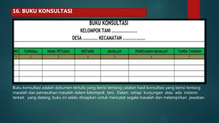 Buku konsultasi adalah dokumen tertulis yang berisi tentang catatan hasil konsultasi yang berisi tentang
masalah dan pemecahan masalah dalam kelompok tani. Dalam setiap kunjungan atau ada instansi
terkait yang datang, buku ini selalu disiapkan untuk mencatat segala masalah dan melampirkan jawaban.
16. BUKU KONSULTASI
 
