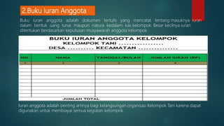 2.Buku Iuran Anggota
Buku iuran anggota adalah dokumen tertulis yang mencatat tentang masuknya iuran
dalam bentuk uang tunai maupun natura kedalam kas kelompok. Besar kecilnya iuran
ditentukan berdasarkan keputusan musyawarah anggota kelompok.
Iuran anggota adalah penting artinya bagi kelangsungan organisasi Kelompok Tani karena dapat
digunakan untuk membiayai semua kegiatan kelompok.
 