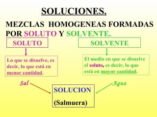 SOLUCION (Salmuera) Sal Agua SOLUCIONES. MEZCLAS  HOMOGENEAS FORMADAS POR  SOLUTO  Y  SOLVENTE. SOLUTO Lo que se disuelve, es decir, lo que está en  menor cantidad . SOLVENTE El medio en que se disuelve el   soluto ,  es decir, lo que está en  mayor cantidad . 