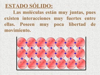 ESTADO SÓLIDO: Las moléculas están muy juntas, pues existen interacciones muy fuertes entre ellas. Poseen muy poca libertad de movimiento. 