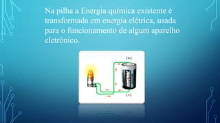 Na pilha a Energia química existente é
transformada em energia elétrica, usada
para o funcionamento de algum aparelho
eletrônico.
 