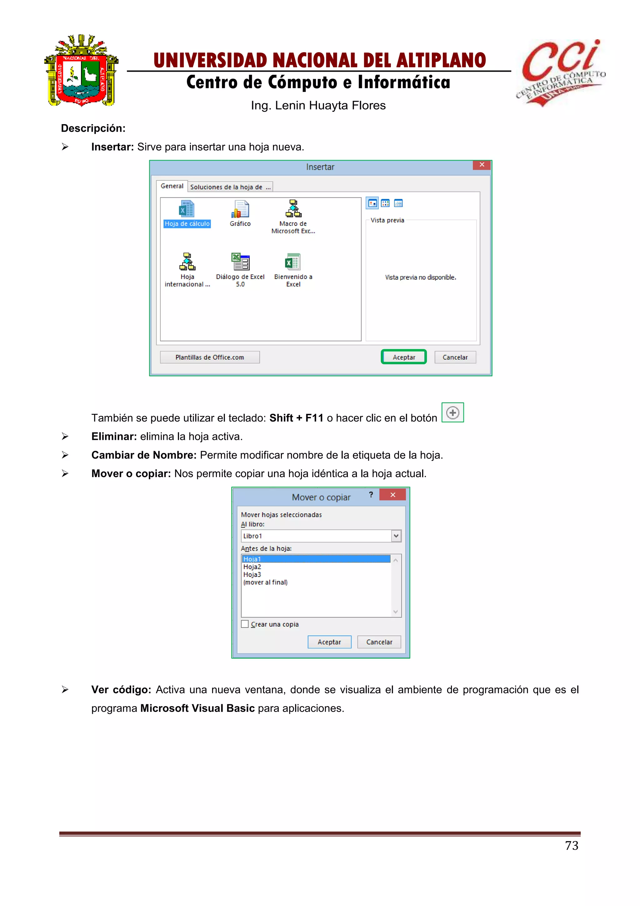 73
UNIVERSIDAD NACIONAL DEL ALTIPLANO
Centro de Cómputo e Informática
Ing. Lenin Huayta Flores
Descripción:
 Insertar: Sirve para insertar una hoja nueva.
También se puede utilizar el teclado: Shift + F11 o hacer clic en el botón
 Eliminar: elimina la hoja activa.
 Cambiar de Nombre: Permite modificar nombre de la etiqueta de la hoja.
 Mover o copiar: Nos permite copiar una hoja idéntica a la hoja actual.
 Ver código: Activa una nueva ventana, donde se visualiza el ambiente de programación que es el
programa Microsoft Visual Basic para aplicaciones.
 
