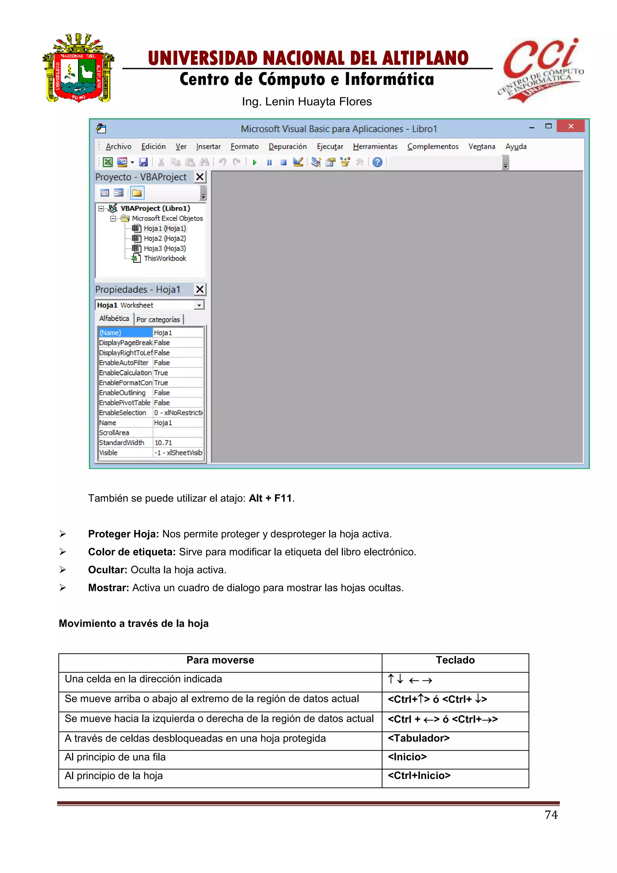 74
UNIVERSIDAD NACIONAL DEL ALTIPLANO
Centro de Cómputo e Informática
Ing. Lenin Huayta Flores
También se puede utilizar el atajo: Alt + F11.
 Proteger Hoja: Nos permite proteger y desproteger la hoja activa.
 Color de etiqueta: Sirve para modificar la etiqueta del libro electrónico.
 Ocultar: Oculta la hoja activa.
 Mostrar: Activa un cuadro de dialogo para mostrar las hojas ocultas.
Movimiento a través de la hoja
Para moverse Teclado
Una celda en la dirección indicada    
Se mueve arriba o abajo al extremo de la región de datos actual <Ctrl+> ó <Ctrl+ >
Se mueve hacia la izquierda o derecha de la región de datos actual <Ctrl + > ó <Ctrl+>
A través de celdas desbloqueadas en una hoja protegida <Tabulador>
Al principio de una fila <Inicio>
Al principio de la hoja <Ctrl+Inicio>
 